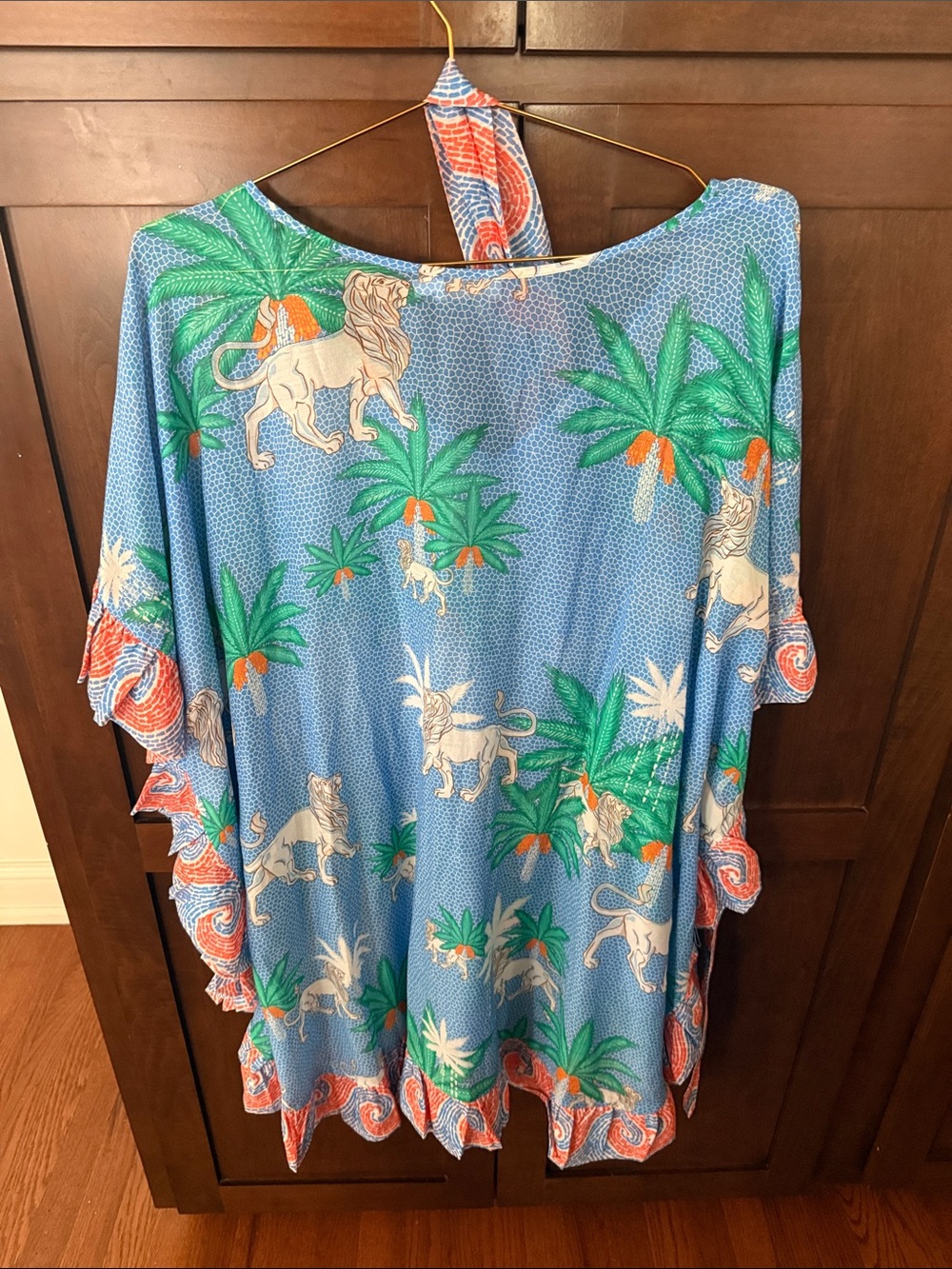 Johnny Was Blue Tropical Lion-Print V-Neck swim coverup with Coral Trim - Picture 4 of 5